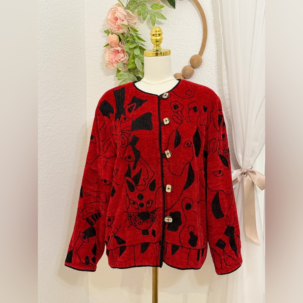 Vintage 1980’s Talk of the Walk Atlantic City Jacket Black & Red Cat Art Decor M
